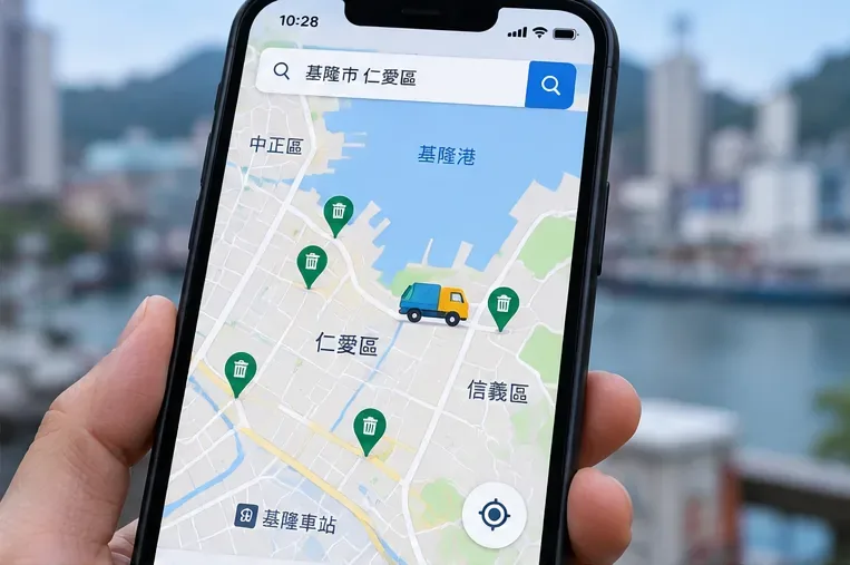 手機地圖畫面顯示基隆市區附近多個垃圾清運站點與垃圾車位置圖示