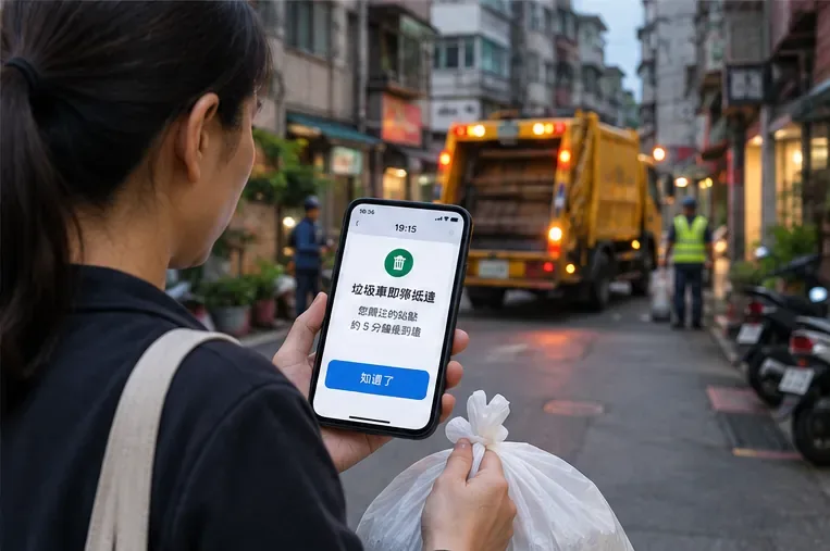住戶在傍晚街道旁手持垃圾袋與手機，前方有垃圾車正在清運