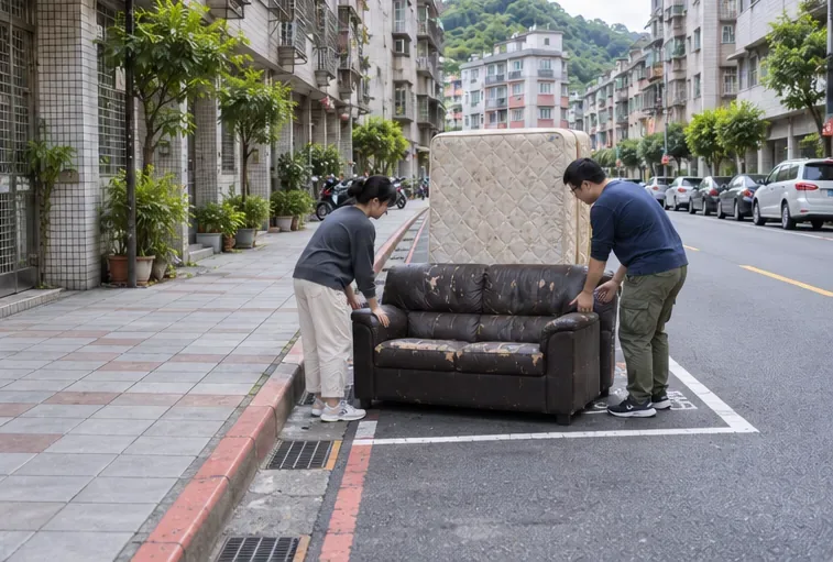兩位居民將沙發和床墊搬到住宅街道邊的指定收運區，旁側人行道保持通暢。