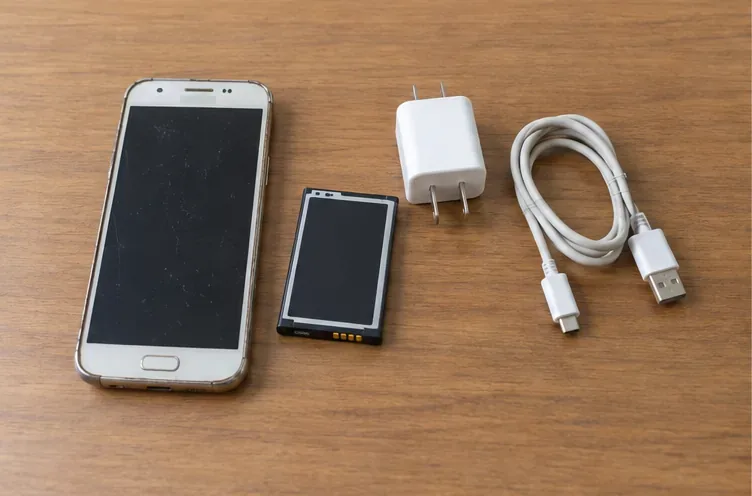 木桌上分開擺放舊手機、可拆式電池、充電器與 USB 傳輸線