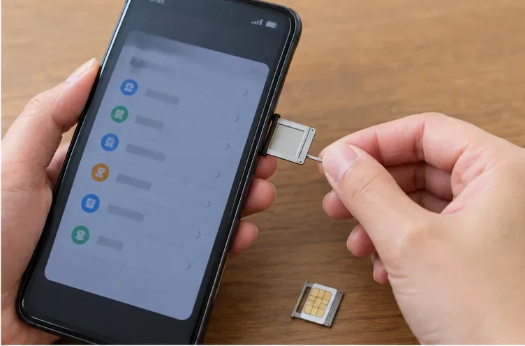 雙手從智慧型手機側邊取出 SIM 卡匣，桌面上可看到 SIM 卡