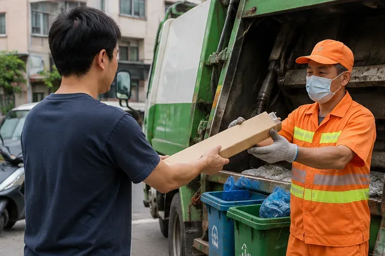 民眾把以長紙盒保護的日光燈管交給清運回收人員