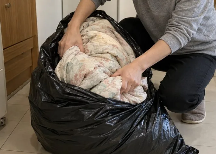 雙手把一床乾燥舊棉被摺起，放入家用垃圾袋中，顯示可妥善包裝的小體積情況