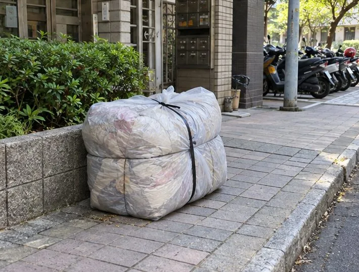 一床以透明袋和束帶固定的棉被放在公寓外的步道旁，旁邊仍保留通行空間