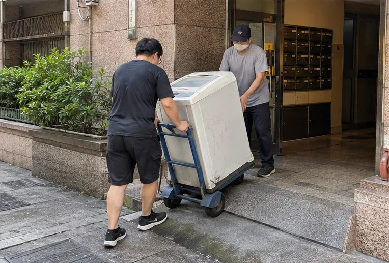 兩名搬運人員使用手推車把舊直立式洗衣機從住宅入口移出