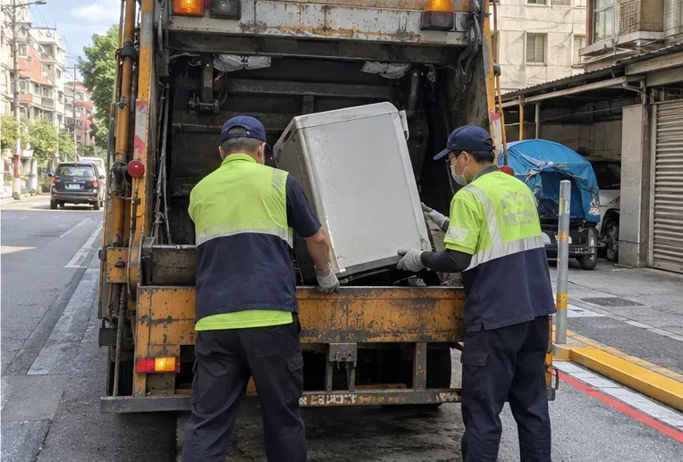 兩名清運人員將一台舊洗衣機搬上大型清運車後方平台