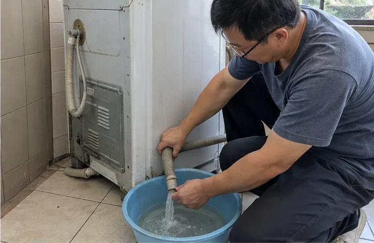 住戶在舊洗衣機後方將排水管內的殘水排入藍色水盆
