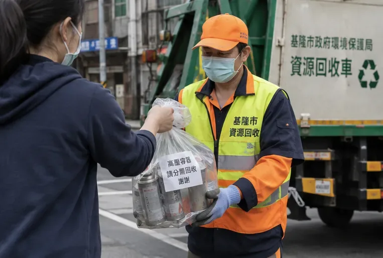民眾將獨立裝袋的高壓容器交給基隆市資源回收車旁的清潔人員