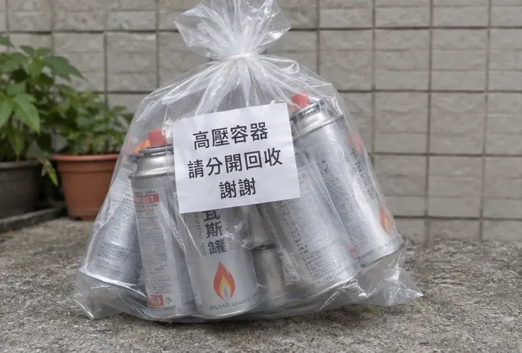 多支已用完的卡式瓦斯罐集中放入透明袋並貼上高壓容器回收警示