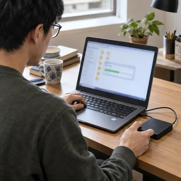 桌面上的舊筆電連接外接硬碟，使用者正在備份檔案