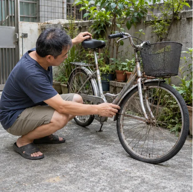 一名男子蹲在住家院子裡查看一輛舊腳踏車的車架與車輪。