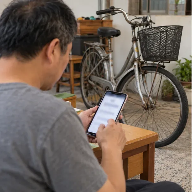 一名男子坐在室內查看手機，旁邊放著一輛舊腳踏車。