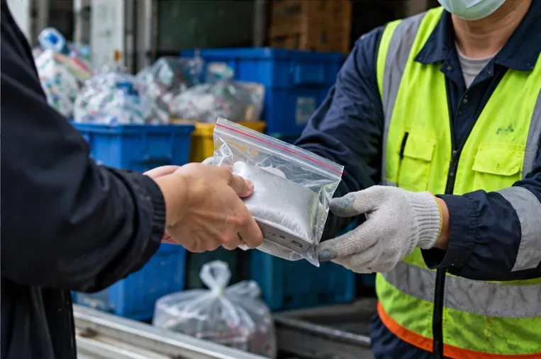 民眾把透明袋中單獨包裝的膨脹行動電源交到穿著反光背心與手套的回收人員手中