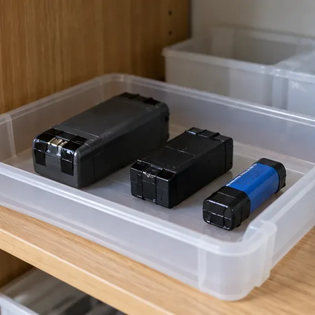 數個完整電池包分開放在乾燥的塑膠收納盒中，遠離其他物品。