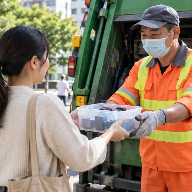 居民將獨立收納的電池交給基隆市街區資源回收車旁的清潔人員。