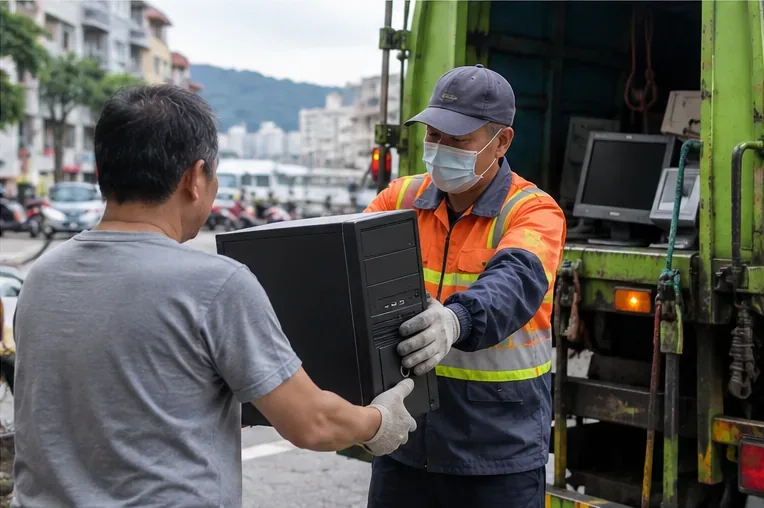 居民在街邊將一台完整桌上型電腦主機交給穿反光工作服的回收清運人員