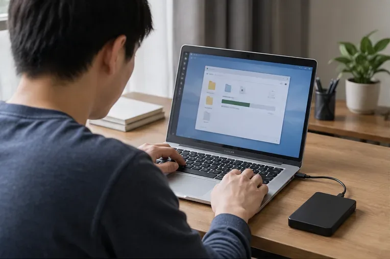 使用者在筆記型電腦前操作檔案備份，桌面旁連接一顆外接儲存裝置