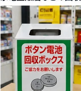家電販売店内に置かれた『ボタン電池回収ボックス』と表示された店頭回収箱