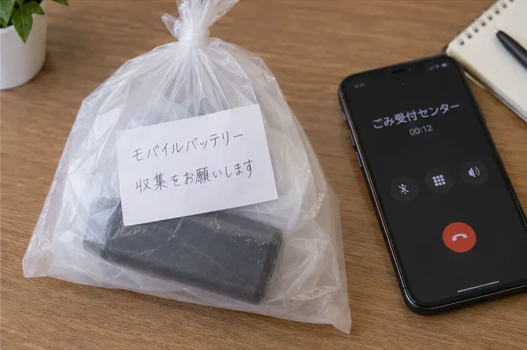 透明な袋に入れたモバイルバッテリーと、家庭ごみ受付センターへ電話しているスマートフォンが机上にある様子