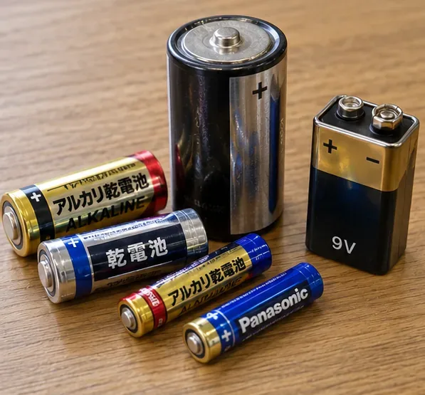 木製の机の上に単形のアルカリ乾電池、円筒形乾電池、角形9V乾電池が並び、端子と形状を見比べられる様子