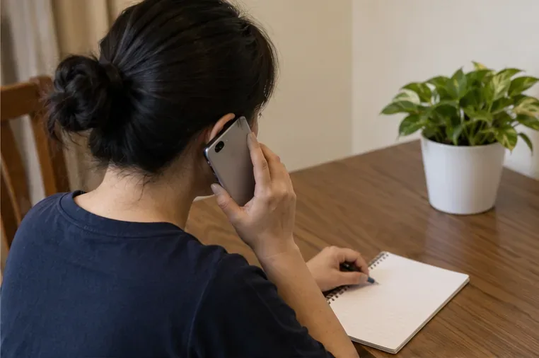 住戶拿手機聯絡清運單位，同時在筆記本記錄大型家具數量與約定資訊