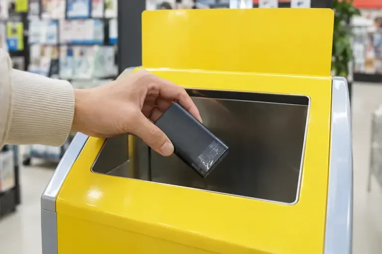 家電量販店内の黄色い充電式電池回収ボックスの投入口に、モバイルバッテリーを入れようとする手