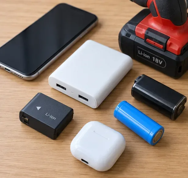 スマートフォン、モバイルバッテリー、電動工具用バッテリー、交換式電池などが机の上に置かれている様子