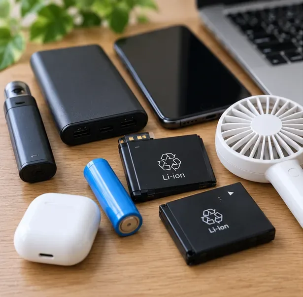 モバイルバッテリー、スマートフォン、ハンディファン、交換式のリチウムイオン電池などを机の上に並べた様子