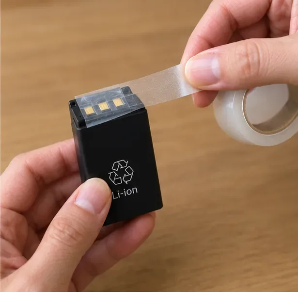 黒いリチウムイオン電池パックの露出した金属端子を透明なテープで覆っている手元
