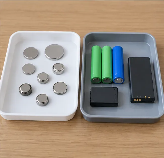 丸形のボタン電池を入れた白いトレーと、円筒形やパック形の充電式電池を入れた灰色のトレーを分けて置いている様子