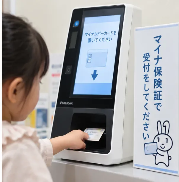 子どもが医療機関の顔認証付きカードリーダーにマイナンバーカードを置いている様子