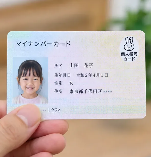子どもの顔写真が表示されたマイナンバーカードを手に持って確認している様子