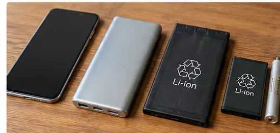 スマートフォン、モバイルバッテリー、Li-ion表示のある複数の充電式電池を机に並べた様子