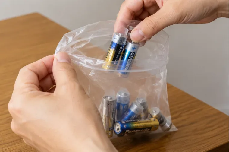 絶縁した複数の乾電池を透明な袋だけにまとめて入れている様子