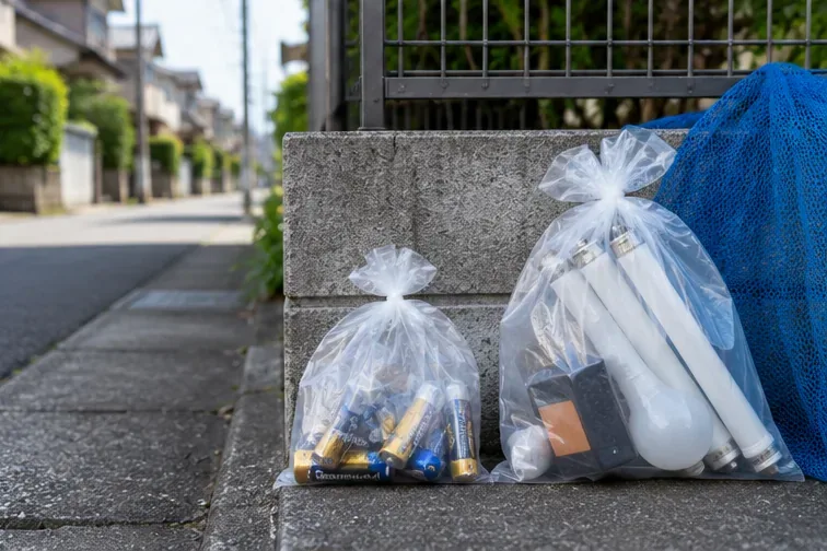 住宅地のごみステーション付近で、乾電池の透明袋と蛍光管などのその他危険ごみの袋を別々に置いている様子