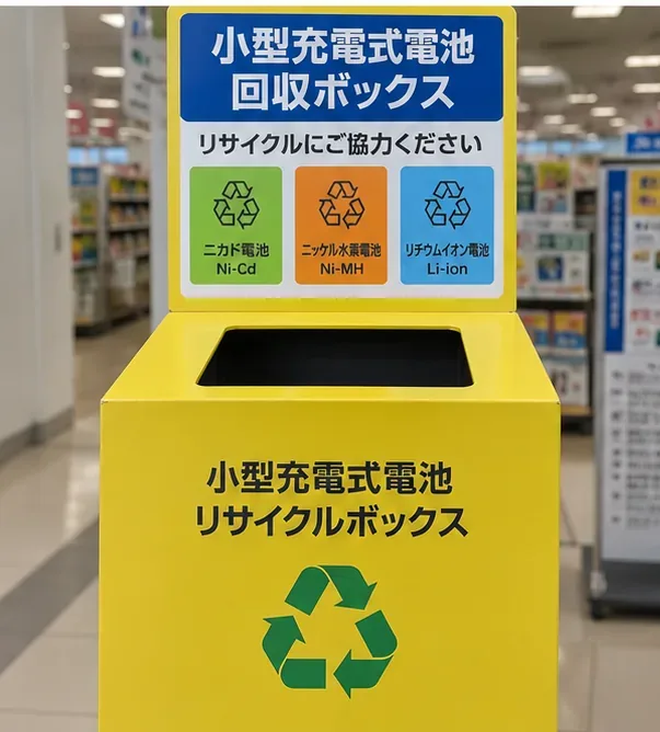 ニカド電池、ニッケル水素電池、リチウムイオン電池の表示がある小型充電式電池の回収ボックス