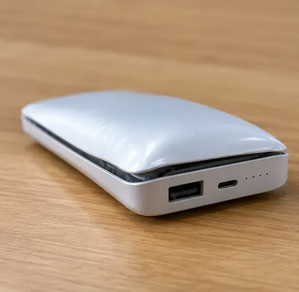 外装が中央から大きく盛り上がり、ケースの合わせ目にすき間ができた銀色のモバイルバッテリー