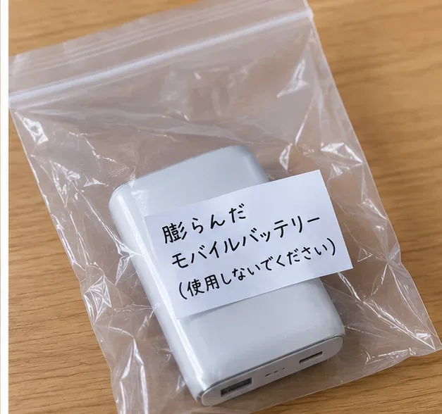 膨らんだ白いモバイルバッテリーを単独で透明な袋に入れ、使用しないよう注意書きを添えた状態