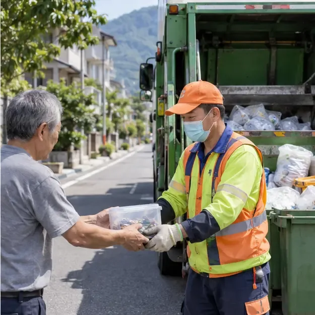 住宅街道旁，居民將裝有分類物的透明盒交給穿反光背心的資源回收人員