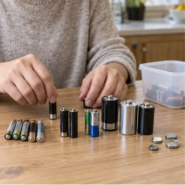雙手在木桌上將 AA、AAA、C、D 型與鈕扣型電池分類，旁邊放著透明收集盒