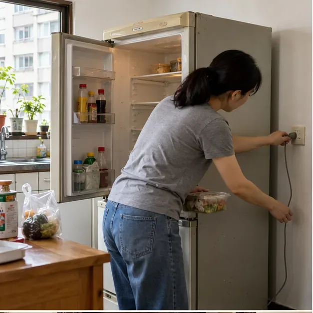 住戶站在開啟的冰箱旁整理插座附近的電源線，冰箱內仍放有食物