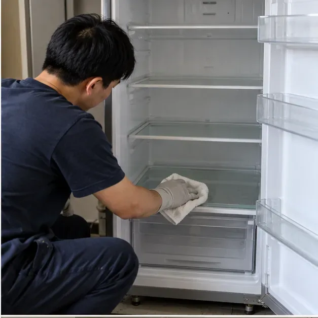 一名男子擦拭已清空並打開的冰箱內部層架