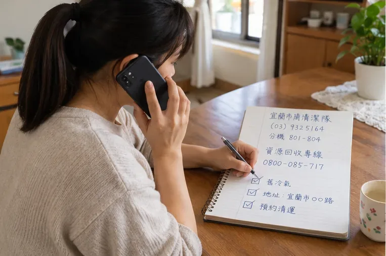 住戶用電話聯絡清運單位，同時在筆記本記下舊冷氣、地址與預約清運事項