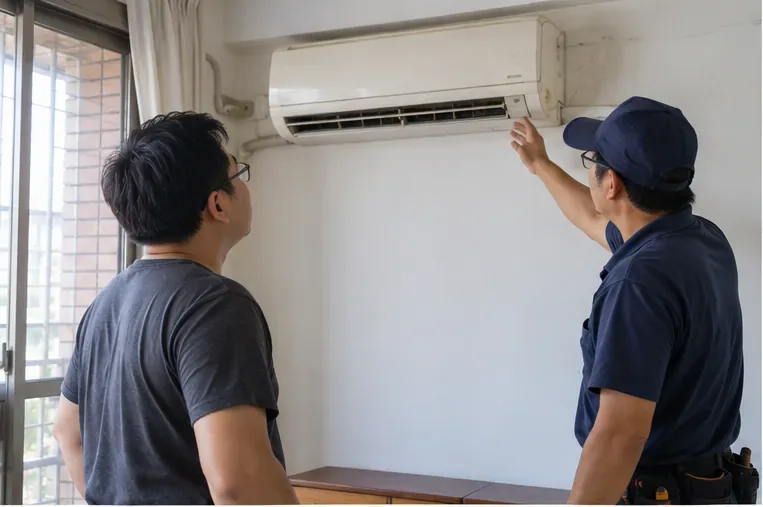 住戶與技術人員查看牆上的分離式冷氣室內機，準備評估拆卸與回收方式