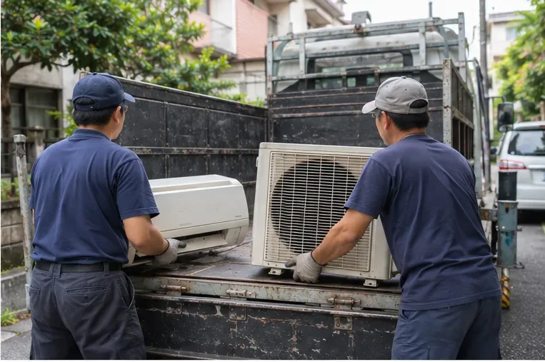 兩名工作人員把分離式冷氣室內機與室外機搬上貨車