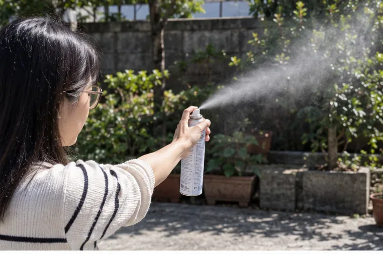 民眾在戶外空曠處將噴霧罐朝無人方向排空，四周沒有火源或其他人員