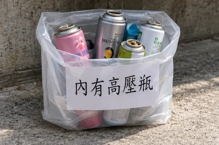 數個已處理完成的噴霧罐放在獨立透明袋中，袋外清楚標示「內有高壓瓶」