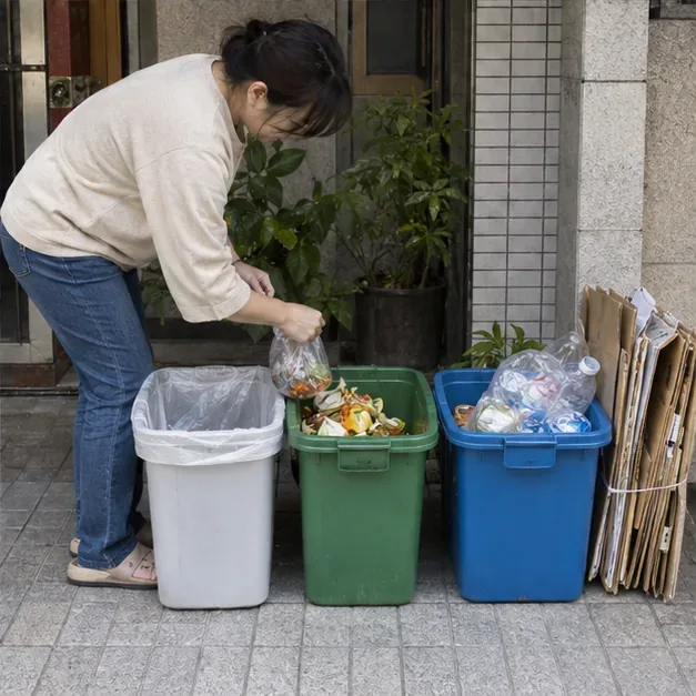居民在住家門口分開一般垃圾、廚餘與資源回收物