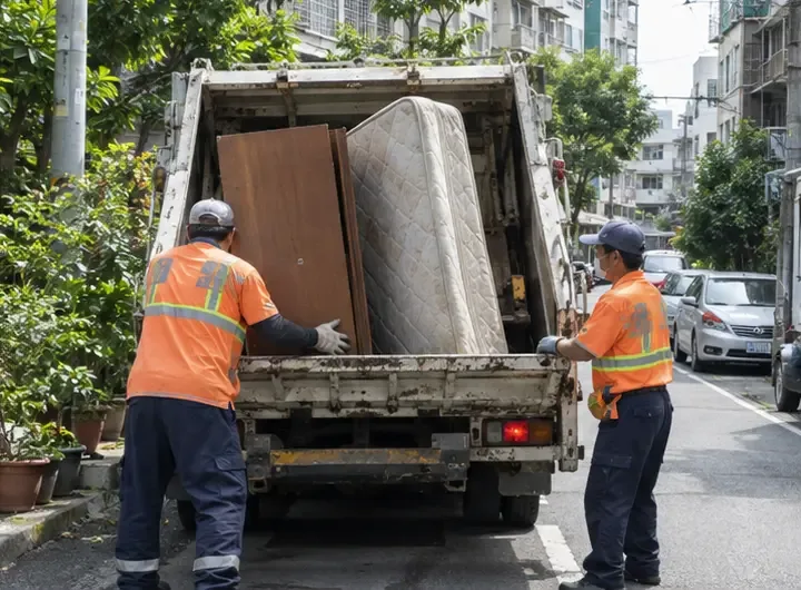 兩名穿反光背心的清運人員在住宅街道旁將衣櫃與床墊放上清運車