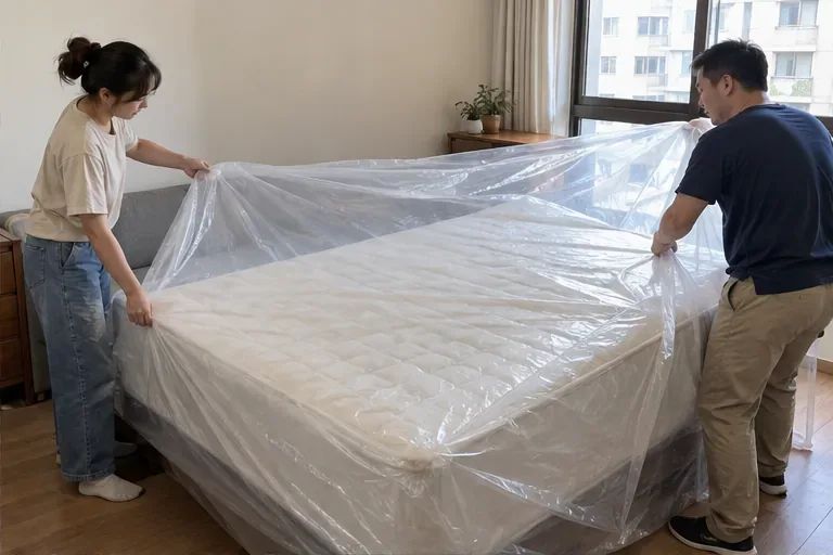 兩名住戶在室內以塑膠布包覆床墊；包覆可作為搬運或防雨的準備，實際是否需要包裝請依清潔隊指示。